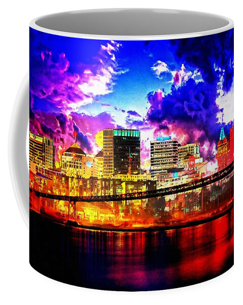 Oakland Coffee Mug featuring the digital art The Oakland Bay Bridge and the downtown Oakland skyline at twilight by Nicko Prints