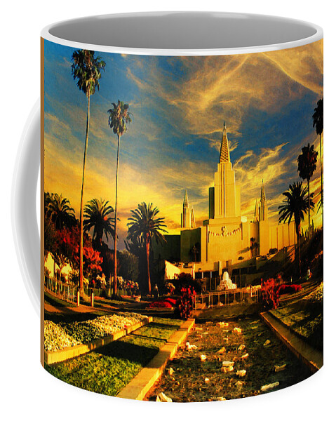 Oakland California Temple Coffee Mug featuring the digital art The Oakland California Temple in sunset light by Nicko Prints