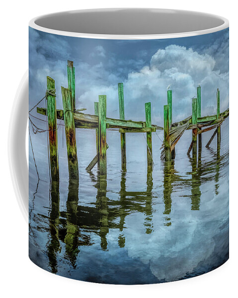 Boats Coffee Mug featuring the photograph The Old Wooden Docks in the Fog and Clouds by Debra and Dave Vanderlaan