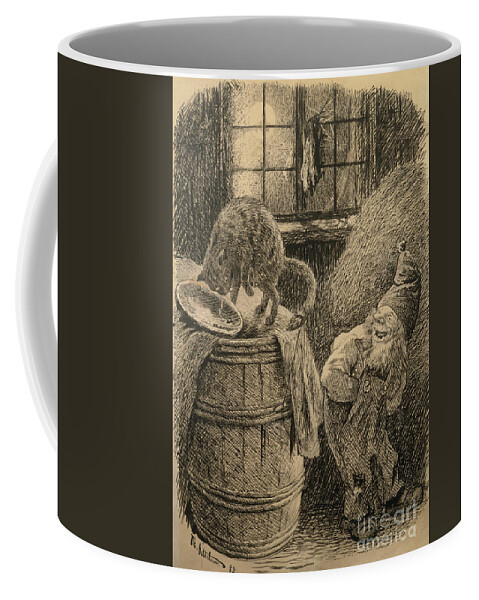Theodor Kittelsen Coffee Mug featuring the drawing The pixie stands and laughs malicious of the cat that is standing on a barrel and has been cheated by O Vaering by Theodor Kittelsen