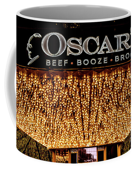 Oscars Las Vegas Coffee Mug featuring the photograph The Plaza Casino Oscars Lights and Sign at Night by Aloha Art