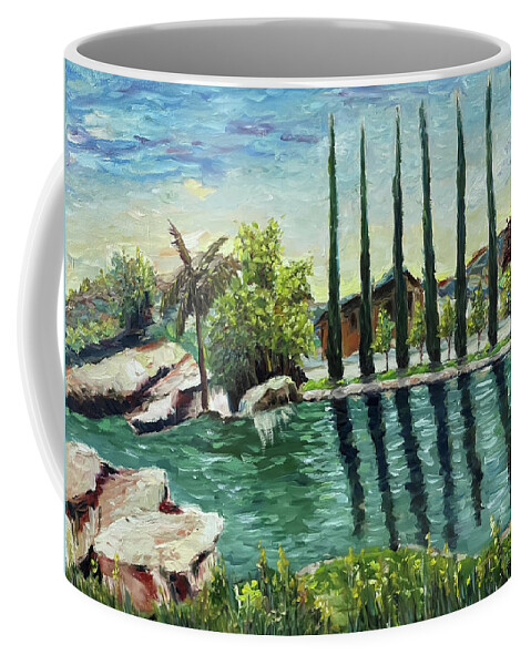 Gershon Bachus Vintners Coffee Mug featuring the painting The Pond at Gershon Bachus Vintners Temecula by Roxy Rich