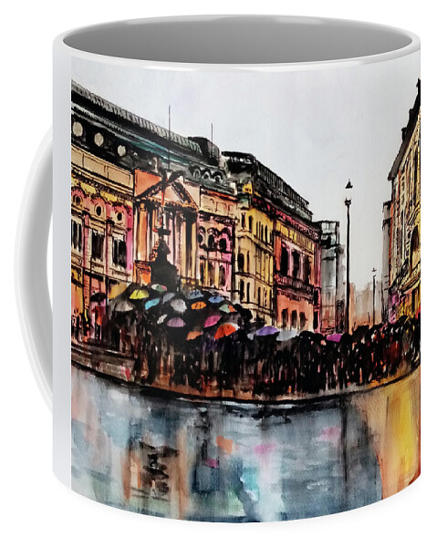 Coffee Mug featuring the painting The Protest Under Raining in Piccadilly Circus London UK by Francisco Gutierrez