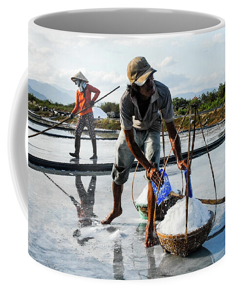 Salt Coffee Mug featuring the photograph The Salt Fields - Salt Farmers, Vietnam by Earth And Spirit
