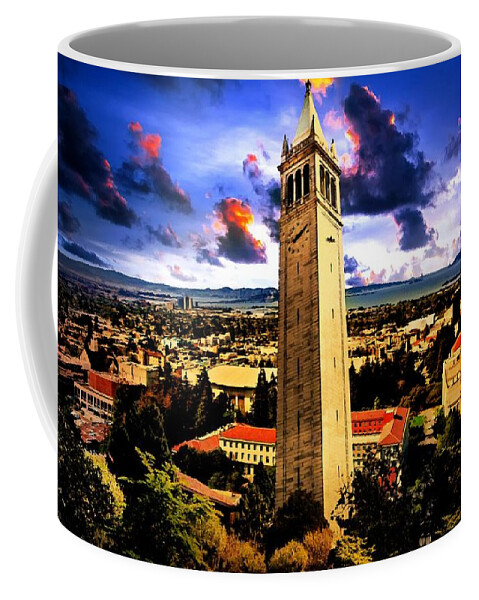 Berkeley Coffee Mug featuring the digital art The Sather Tower and a a view to Berkeley Campus, downtown Berkeley and San Francisco Bay at sunrise by Nicko Prints