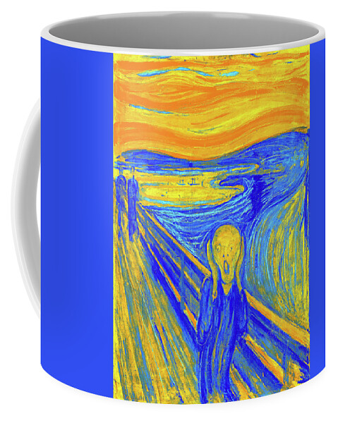 The Scream By Edvard Munch - Colorful Digital Recreation Of The Original Painting In Blue Coffee Mug featuring the digital art The Scream by Edvard Munch - colorful digital recreation in blue, and orange by Nicko Prints