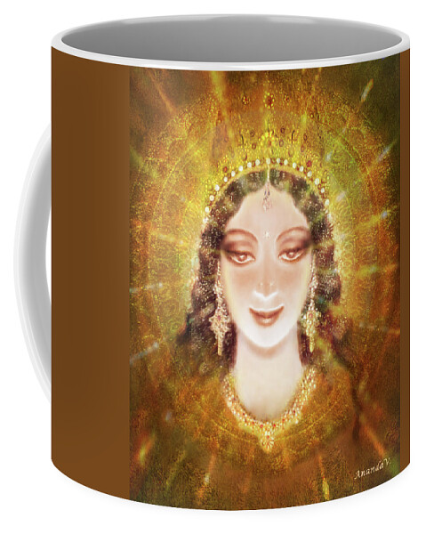 Mandala Coffee Mug featuring the mixed media The Smile of the Goddess by Ananda Vdovic