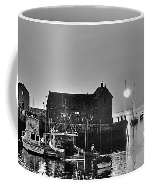 Rockport Coffee Mug featuring the photograph The sun rising by motif number 1 in Rockport MA Bearskin neck Black and White by Toby McGuire