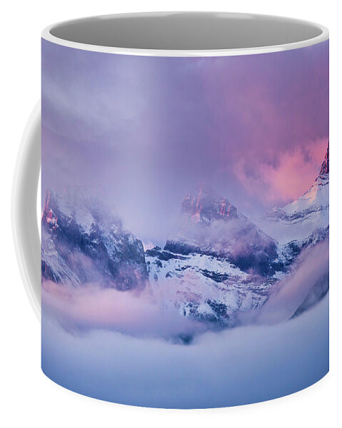 Rocky Mountains Coffee Mug featuring the photograph The Three Sisters peaks at Sunrise, Canmore, Alberta, Canada by Neale And Judith Clark
