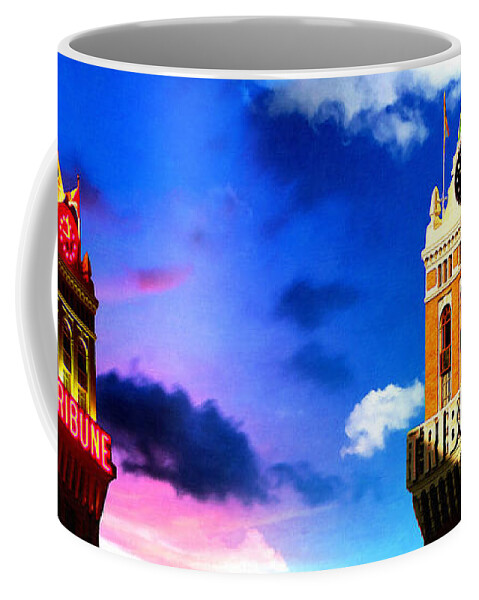 Tribune Tower Coffee Mug featuring the digital art The Tribune Tower in Oakland, in a transition from night to day by Nicko Prints