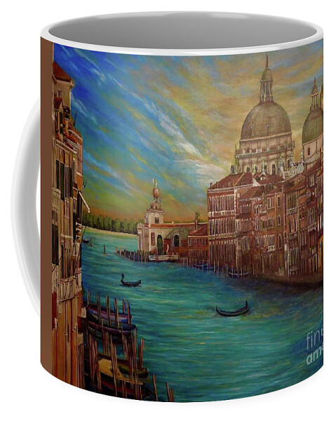 View Of The Grand Canal And The Basilicas Of San Marco In Venice Without Large Commercial Boats And Not Heavily Populated Romantic Sunset Casts Rosy Glow On Architectural Details Of Magnificent City Glistening Water Catches The Sunlight's Rays While Gondolas Are Navigated Through Its Waters Dynamic Sky Sunset Venice Italy Acrylic Paintings Coffee Mug featuring the painting The Venice of My Recollection with Digital Enhancement by Kimberlee Baxter