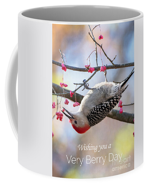 Red Bellied Woodpecker Coffee Mug featuring the photograph The Warmest of Wises to you, and a Very Berry Day from the Red-bellied Woodpecker on the Wahoo Tree. by Sandra Rust