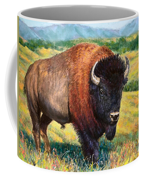Bison Coffee Mug featuring the pastel The Watchman by Lee Tisch Bialczak