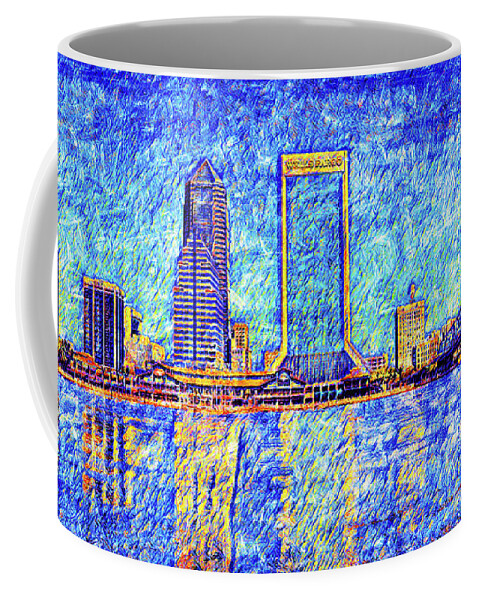 Downtown Jacksonville Coffee Mug featuring the digital art The waterfront of downtown Jacksonville, Florida - digital painting by Nicko Prints