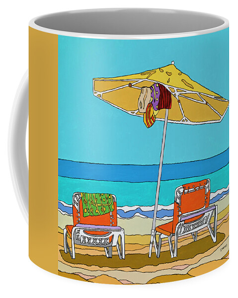 Beach Chairs Sand Ocean Water Summer Umbrella Coffee Mug featuring the painting The yellow umbrella by Mike Stanko
