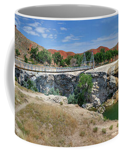 Thermopolis Coffee Mug featuring the photograph Thermopolis Wyoming - high resolution wide panorama of Roundtop Mountain, river and town by Peter Herman