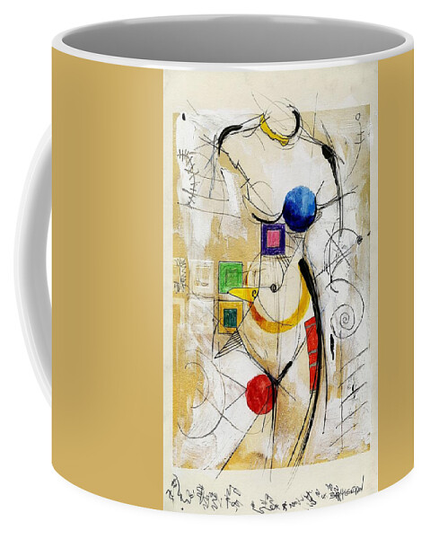 Nude Female Color Drawing Mixed Media Coffee Mug featuring the mixed media Threads of toil are slowing down by Kasey Jones