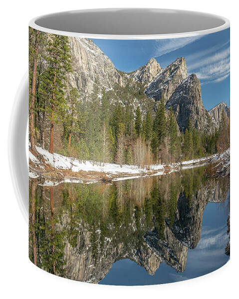 Yosemite Coffee Mug featuring the photograph Three Brothers Winter Reflection by Kenneth Everett