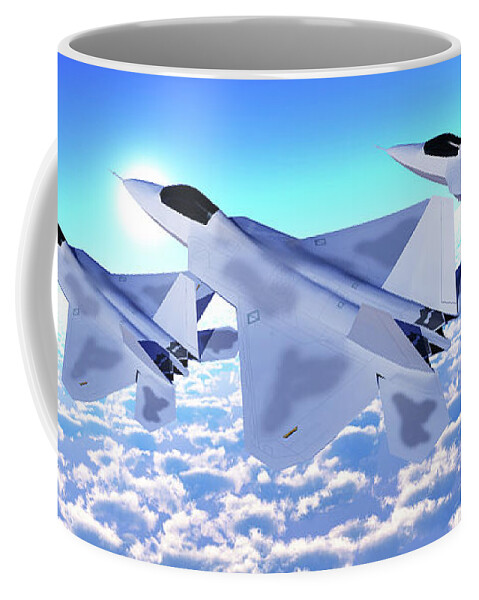 F-22 Coffee Mug featuring the digital art Three F-22 Fighter Jets by Corey Ford