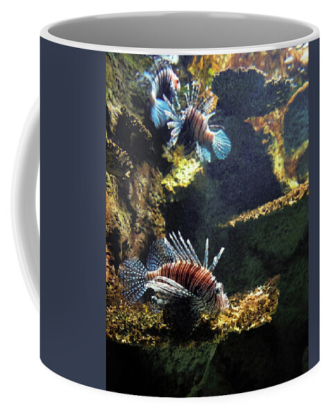 Fish Coffee Mug featuring the photograph Three Lion Fish Swimming by Flees Photos