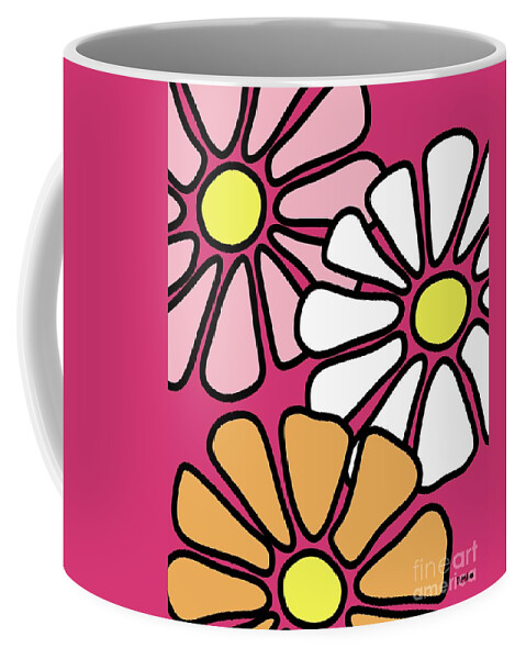 Flower Power Coffee Mug featuring the digital art Three Mod Flowers Pink by Donna Mibus