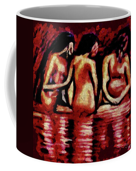 Water Coffee Mug featuring the painting Three Nude Woman Ladies Gossiping While Washing Clothes At The River In Red Yellow And Ripple Water by MendyZ