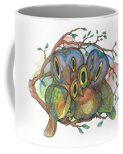 Owl Coffee Mug featuring the mixed media Three Owls Huddling by Teresamarie Yawn