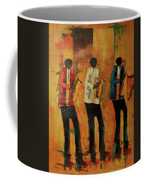  Coffee Mug featuring the painting Three Saxo's In Time by Ndabuko Ntuli