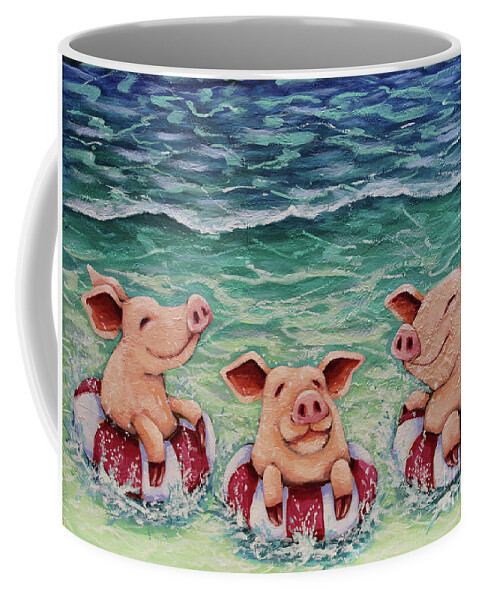 Pig Coffee Mug featuring the painting Three Swimming Pigs by Lucia Stewart