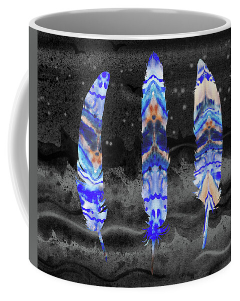 Feather Coffee Mug featuring the painting Three Watercolor Feathers At Night by Irina Sztukowski