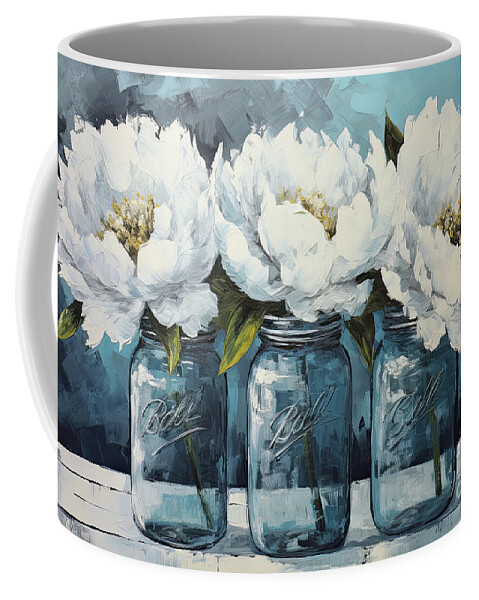 Peony Flowers Coffee Mug featuring the painting Three White Peonies by Tina LeCour