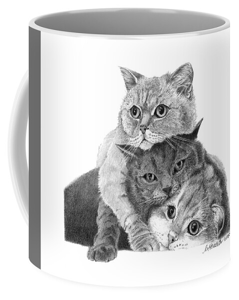 Cats Coffee Mug featuring the drawing Threes Company by Louise Howarth