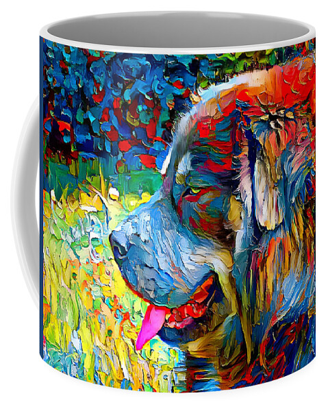 Tibetan Mastiff Coffee Mug featuring the digital art Tibetan Mastiff dog sitting profile with its mouth open - colorful palette knife oil texture by Nicko Prints
