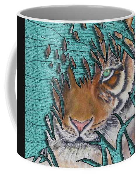 Lurking Tiger Coffee Mug featuring the mixed media Tiger's Gone to Pieces No.2 by Kelly Mills