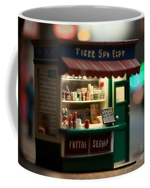 A Variety Of Jams Coffee Mug featuring the mixed media Tiny City Shop II by Jay Schankman