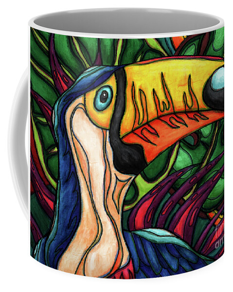 Toco Toucan Coffee Mug featuring the painting Toco toucan in colorful jungle, toucan bird by Nadia CHEVREL