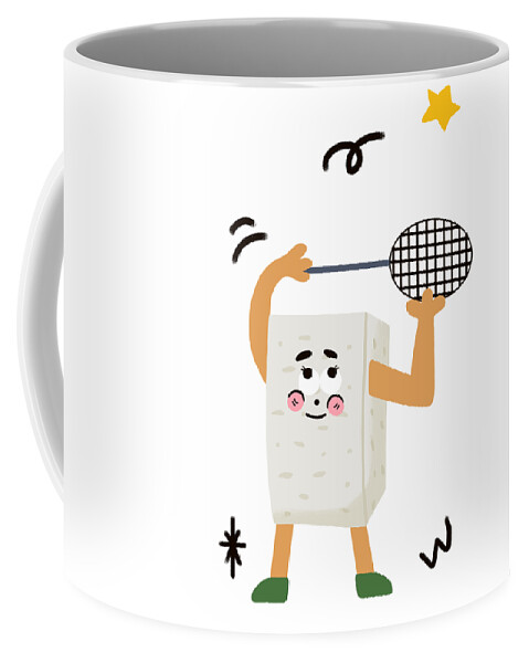 Tofu，bean Curd Coffee Mug featuring the drawing Tofu loves playing badminton by Min Fen Zhu