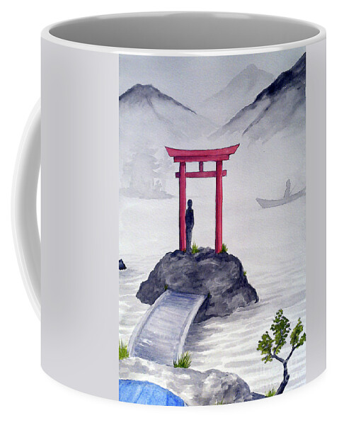 Watercolor Coffee Mug featuring the painting Torii in Fog by Rohvannyn Shaw