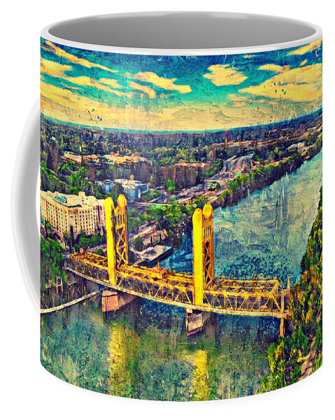 Tower Bridge Coffee Mug featuring the digital art Tower Bridge over Sacramento River - digital painting by Nicko Prints