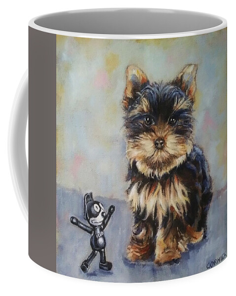 Yorkie Coffee Mug featuring the painting Toy VS Toy by Jean Cormier