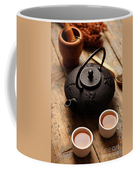 Tea Coffee Mug featuring the photograph Traditional asian tea on wooden table by Jelena Jovanovic