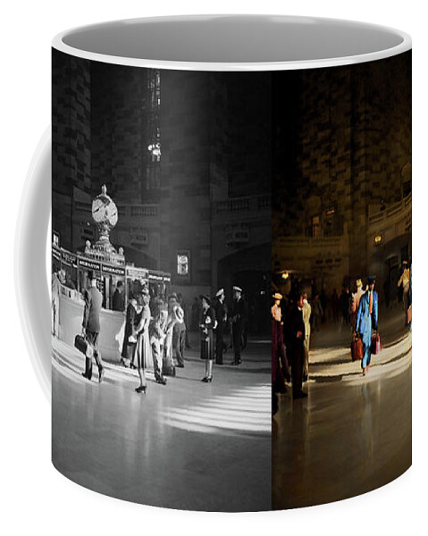 New York Coffee Mug featuring the photograph Train Station - Meet me at the clock 1941 - Side by Side by Mike Savad