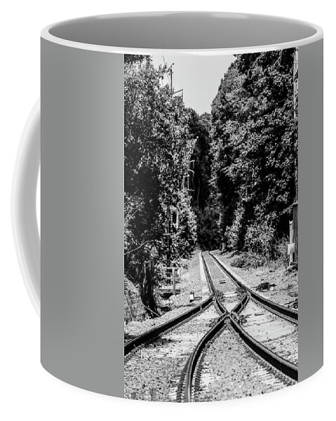 Train Tracks Rr Rail Road B&w Trees Coffee Mug featuring the photograph Train Tracks1 by John Linnemeyer