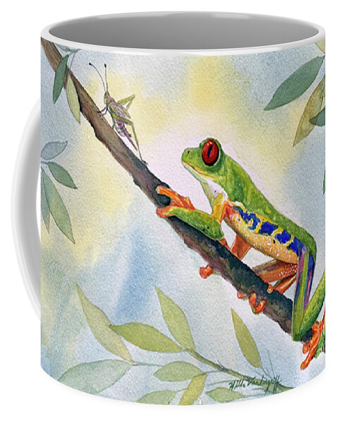 Tree Frog Coffee Mug featuring the painting Tree Frog and Cricket by Hilda Vandergriff