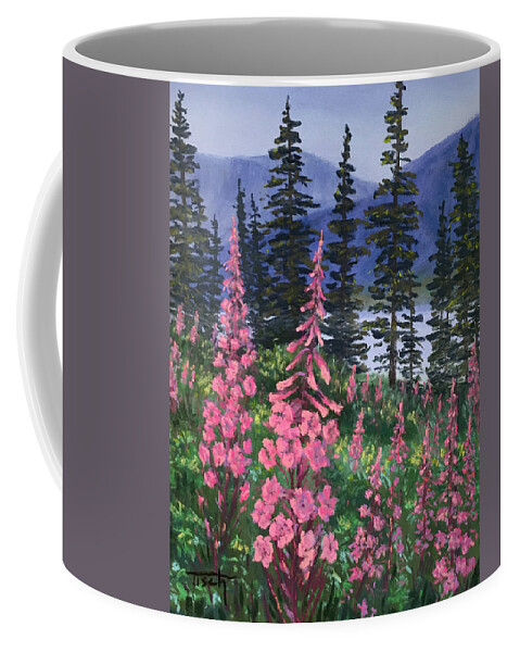Wildflowers Coffee Mug featuring the painting Treeline Beauties by Lee Tisch Bialczak
