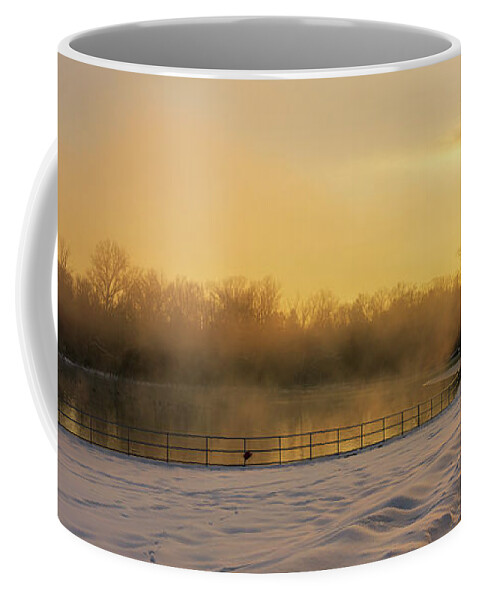 Snow Coffee Mug featuring the photograph Trexler Park Pond Foggy Winter Sunrise by Jason Fink