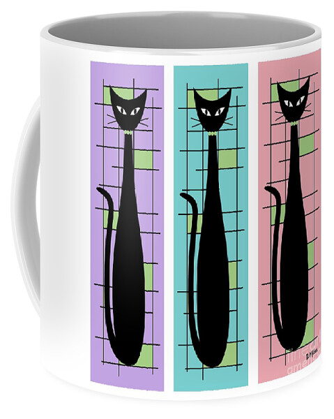 Mid Century Modern Coffee Mug featuring the digital art Trio of Cats Purple, Blue and Pink on White by Donna Mibus