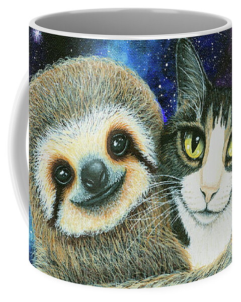 Tabby Cat Coffee Mug featuring the painting Trixie and Her Sloth Friend - Tabby Cat Galaxy by Carrie Hawks