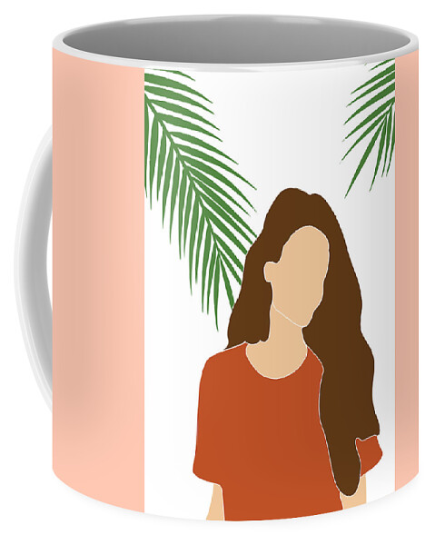 Tropical Coffee Mug featuring the mixed media Tropical Reverie 9 - Modern, Minimal Illustration - Girl and Palm Leaves - Aesthetic Tropical Vibes by Studio Grafiikka