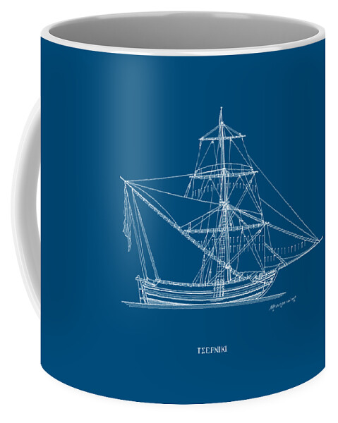 Historic Vessels Coffee Mug featuring the drawing Tserniki - traditional Greek sailing ship - blueprint by Panagiotis Mastrantonis